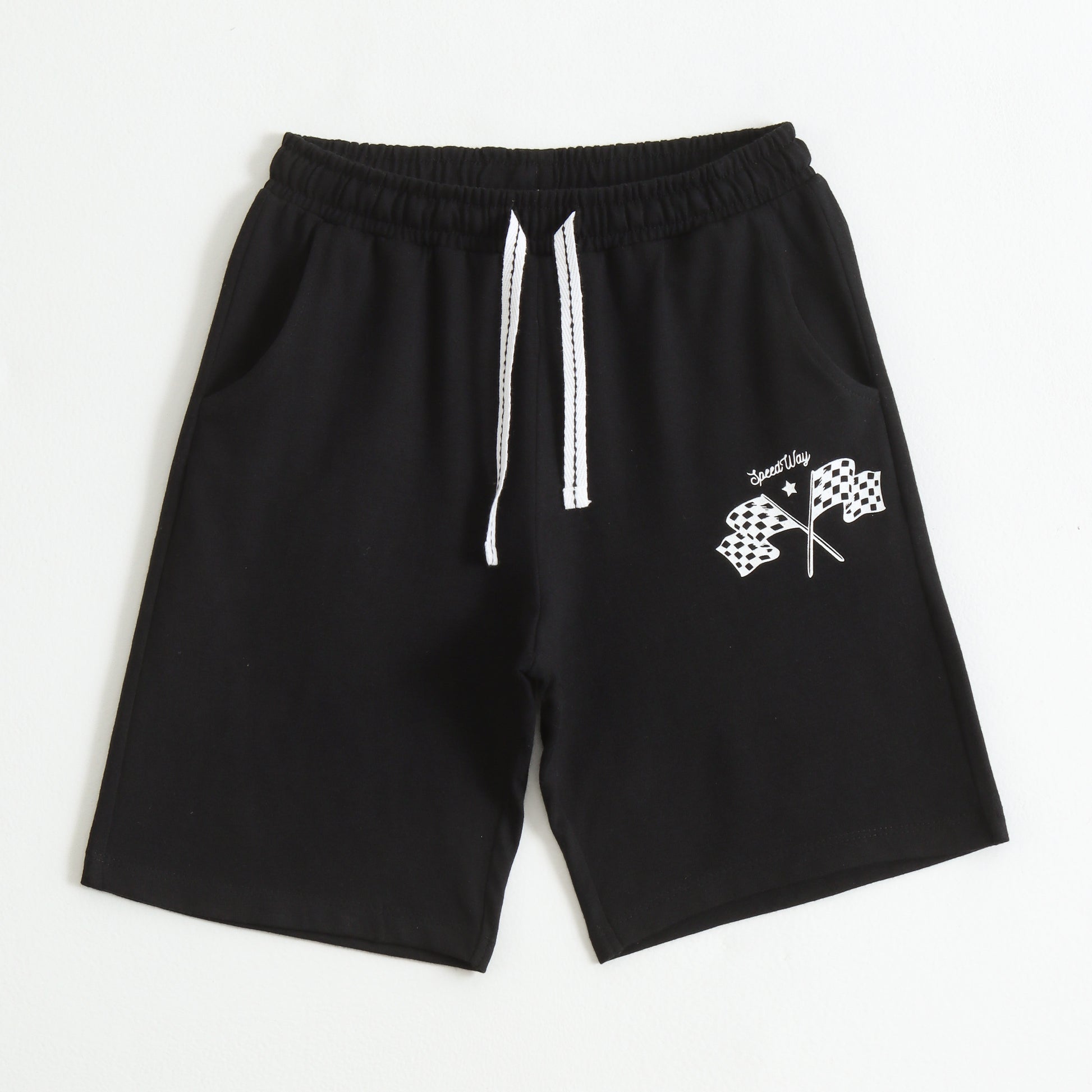 Boys Black Racing Flag Printed Cotton Shorts with Drawstring Waist