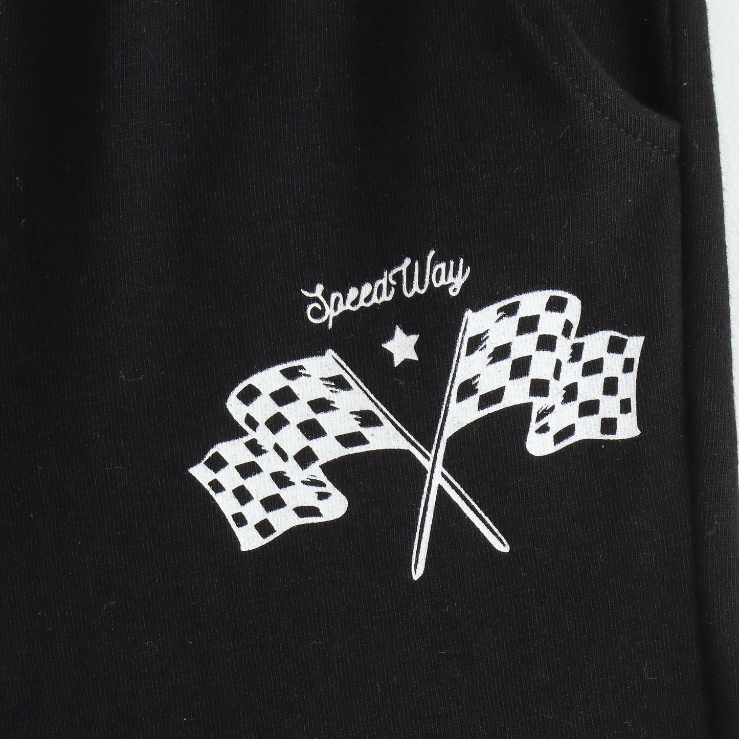 Boys Black Racing Flag Printed Cotton Shorts with Drawstring Waist