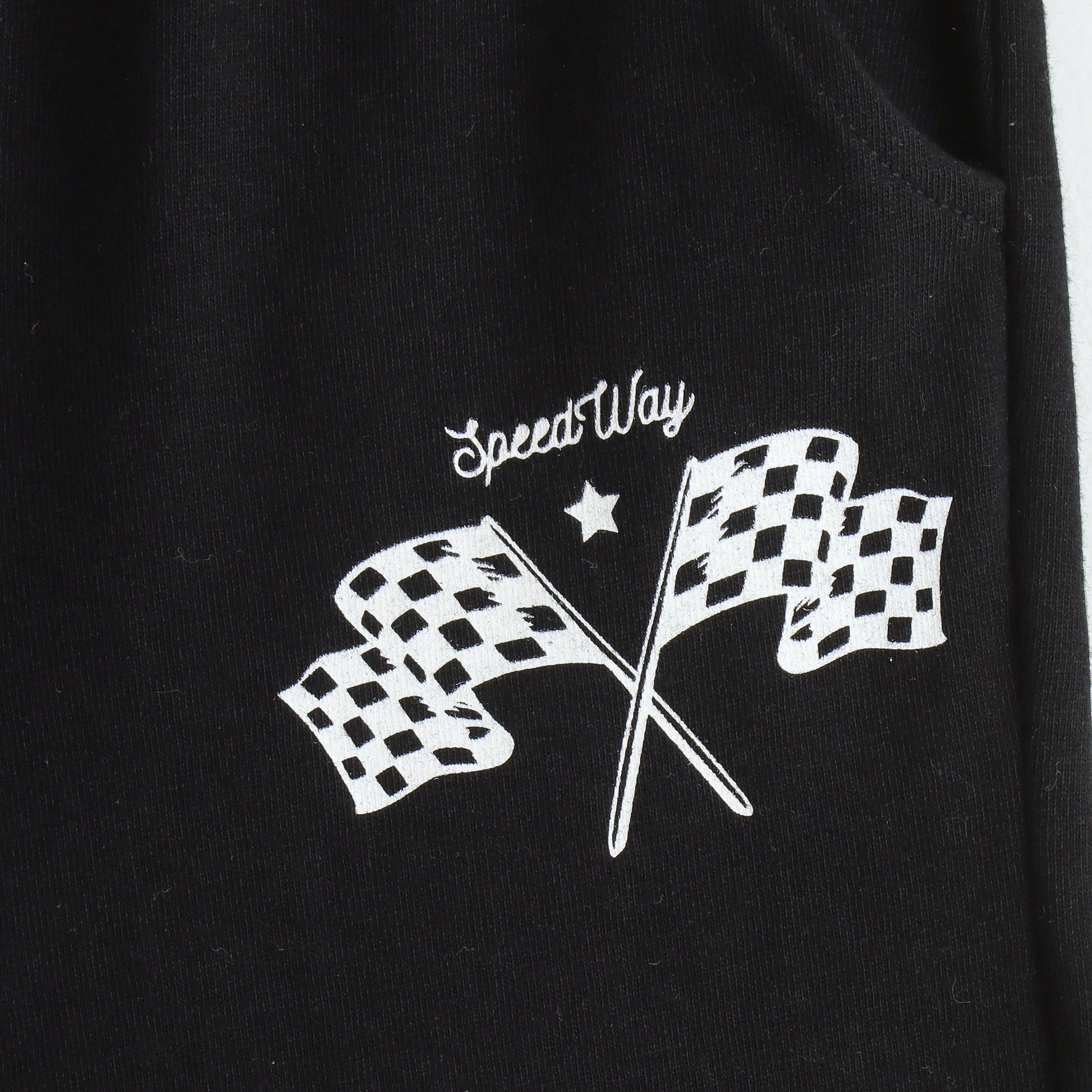 Boys Black Racing Flag Printed Cotton Shorts with Drawstring Waist