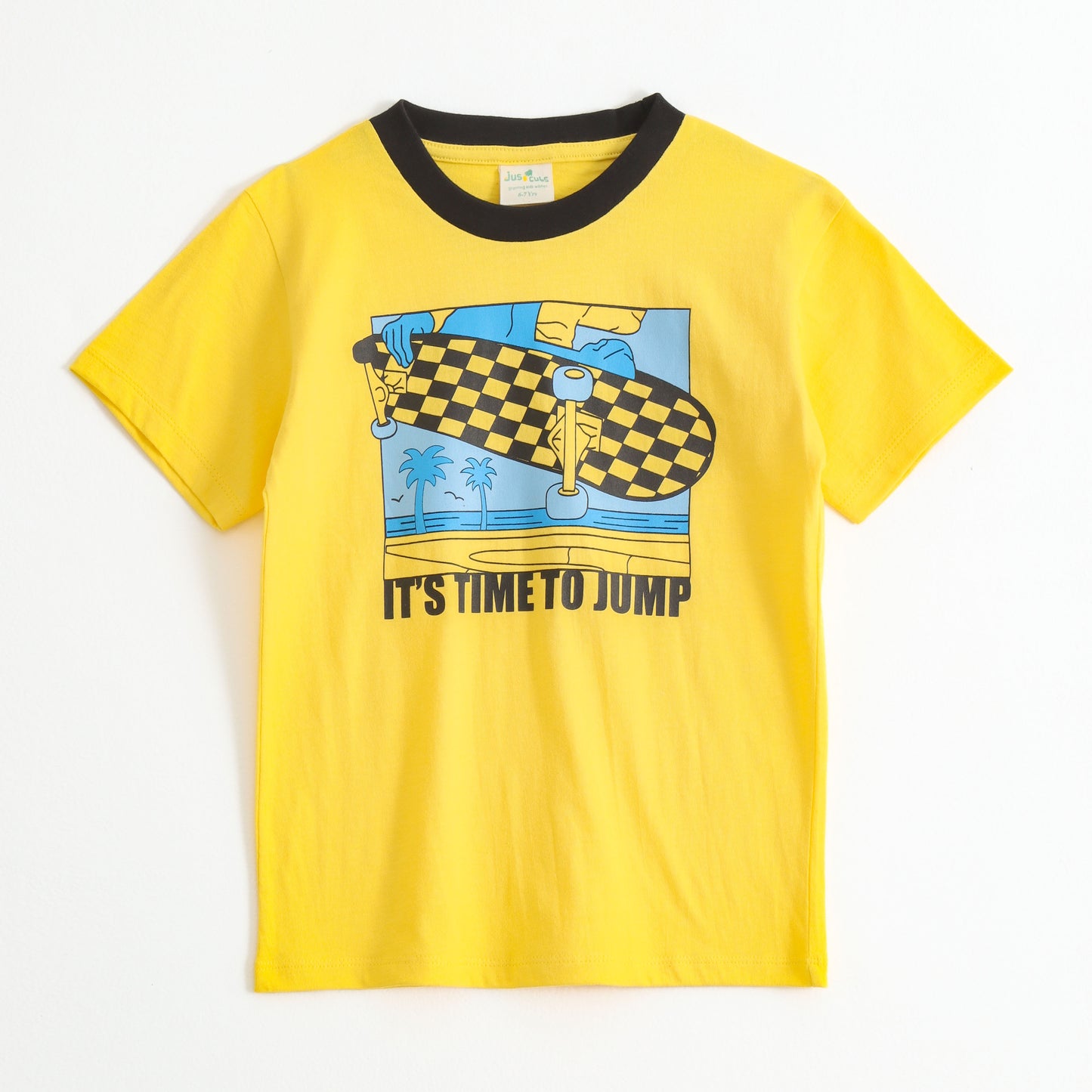 Boys Yellow Skateboard Graphic Printed Cotton T-Shirt