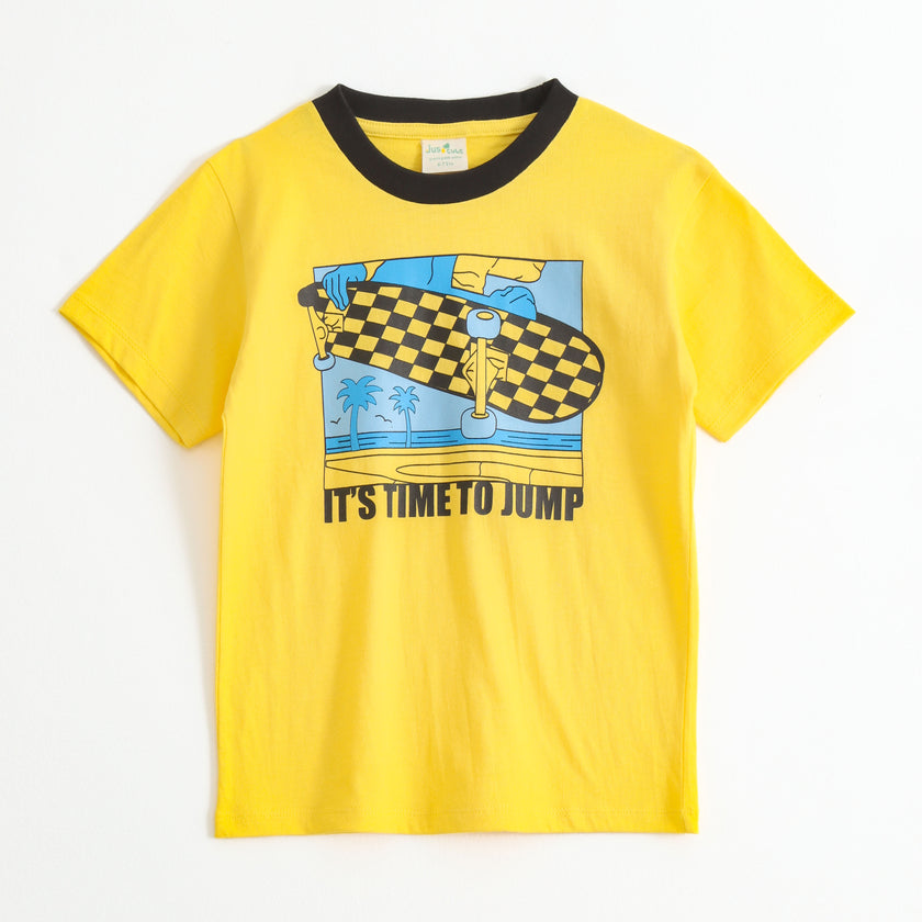 Boys Yellow Skateboard Graphic Printed Cotton T-Shirt