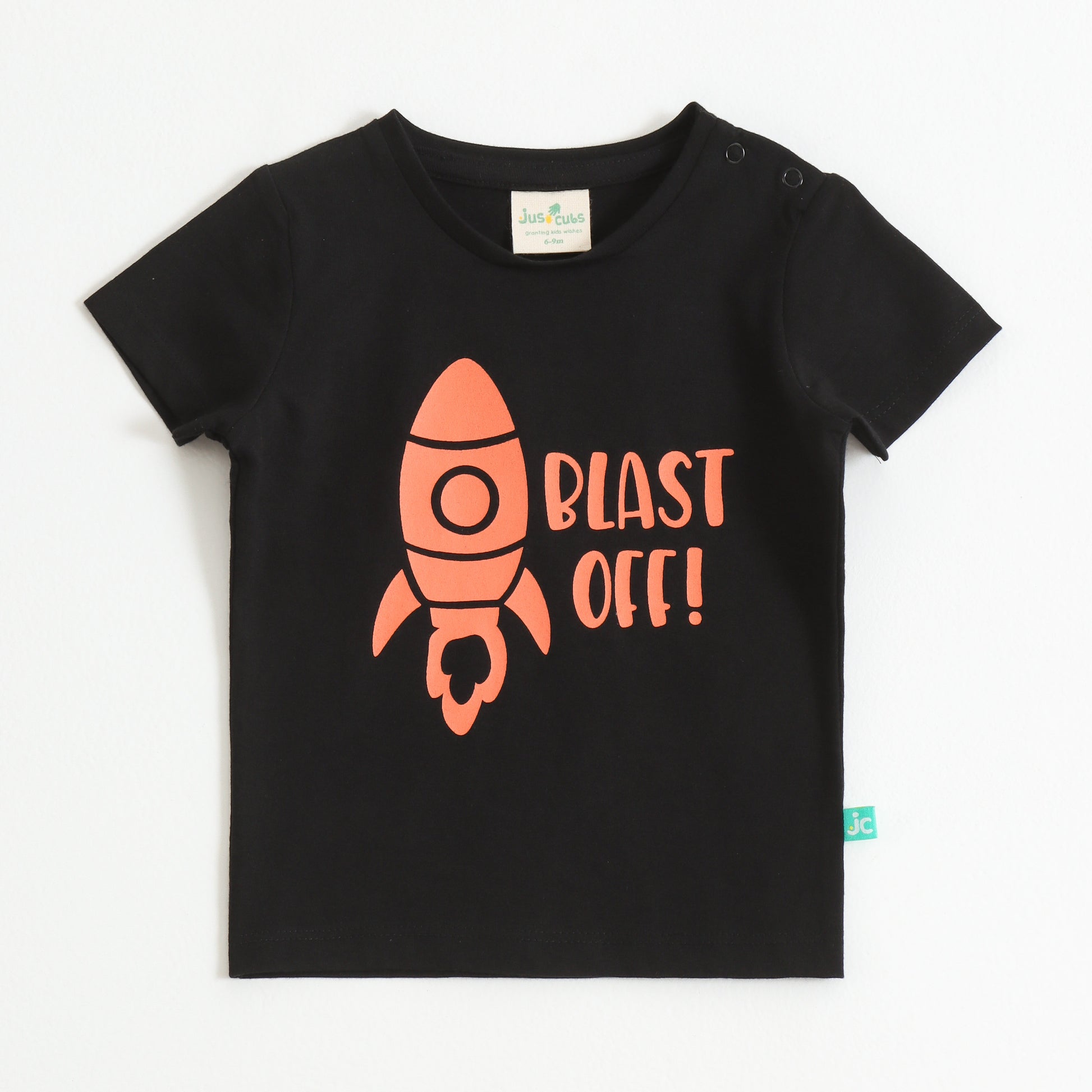 Baby Boys Black Rocket Graphic Printed Cotton T-Shirt
