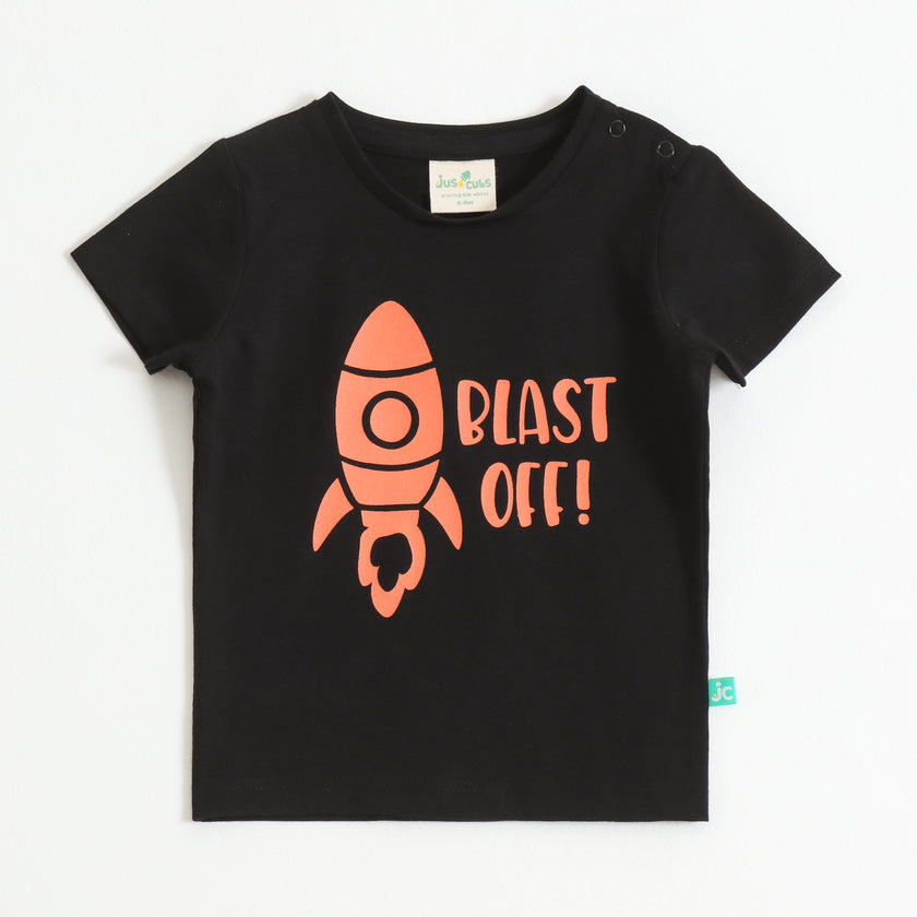 Baby Boys Black Rocket Graphic Printed Cotton T-Shirt
