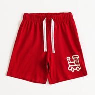Boys Red Train Graphic Printed Cotton Knit Regular Fit Shorts