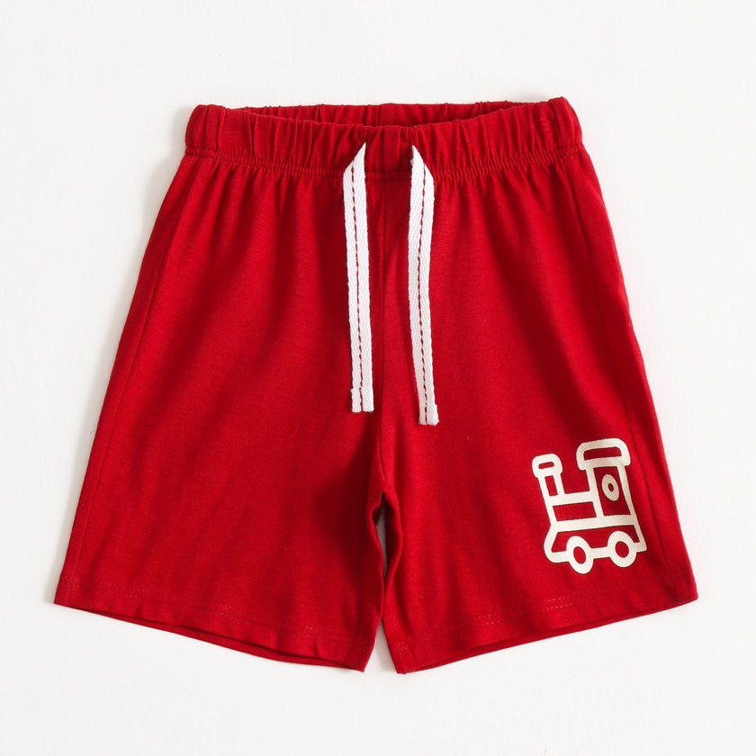 Boys Red Train Graphic Printed Cotton Knit Regular Fit Shorts