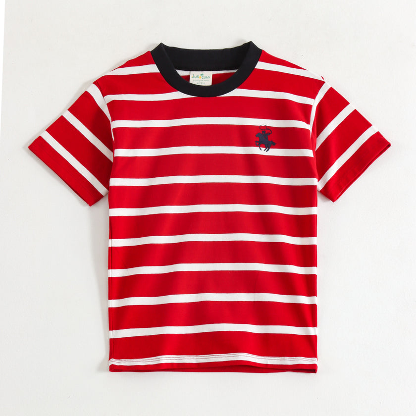 JusCubs Boys Red & White Striped Cotton T-Shirt