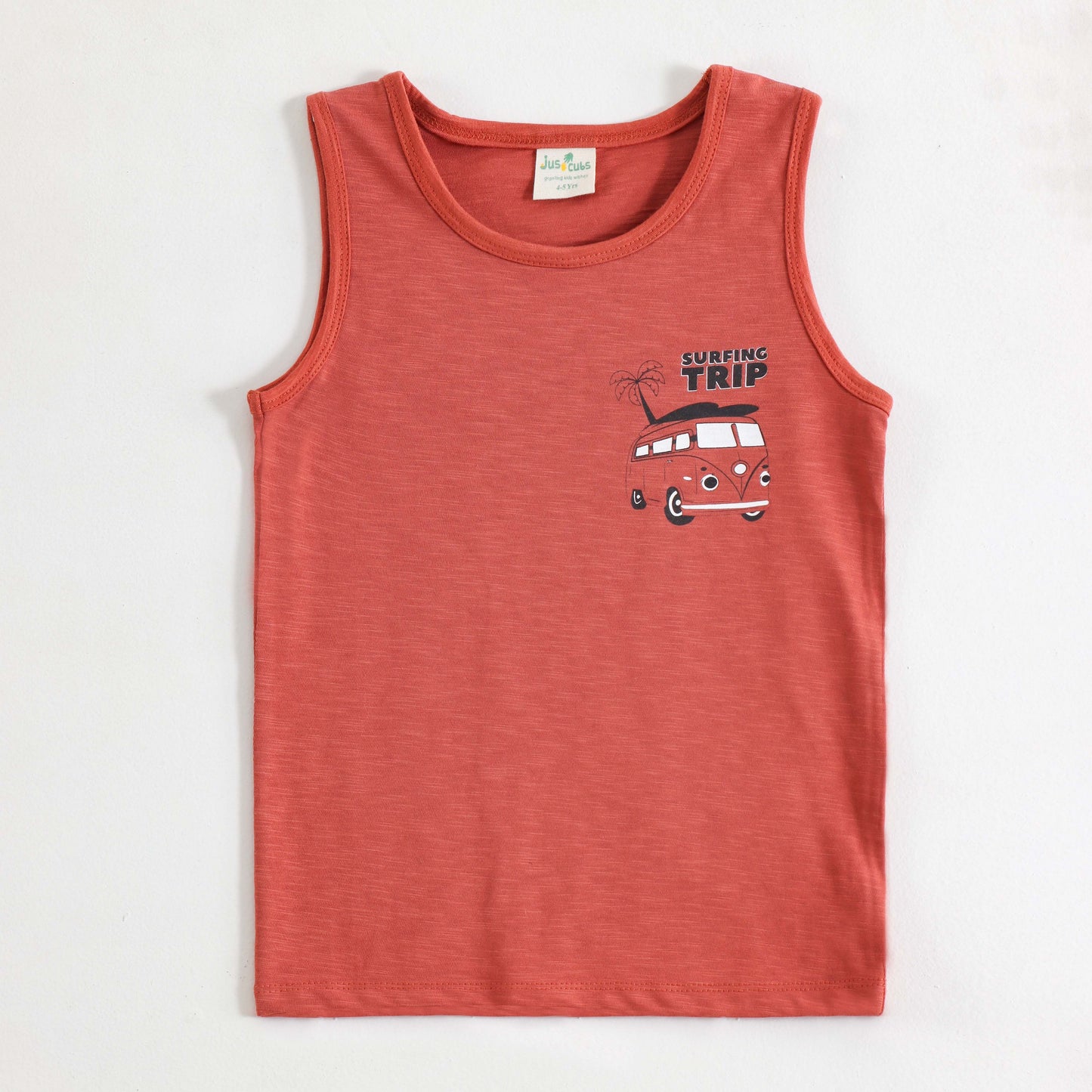 JusCubs Boys Coral Orange Sleeveless Tank Top with Surfing Trip Graphic Print