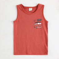JusCubs Boys Coral Orange Sleeveless Tank Top with Surfing Trip Graphic Print