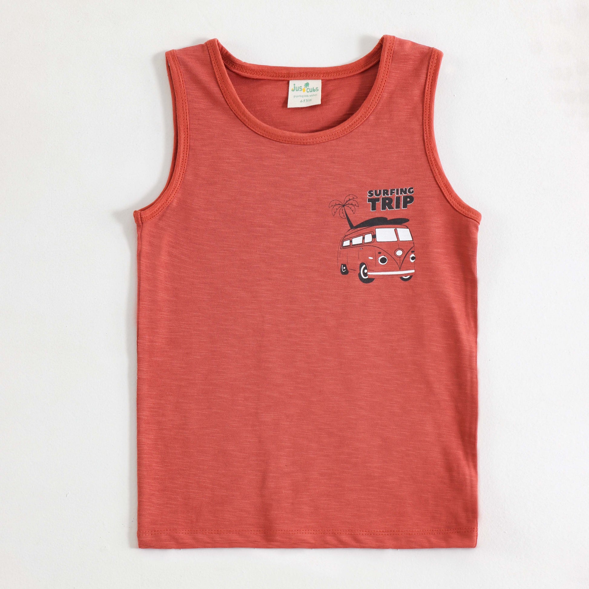 JusCubs Boys Coral Orange Sleeveless Tank Top with Surfing Trip Graphic Print