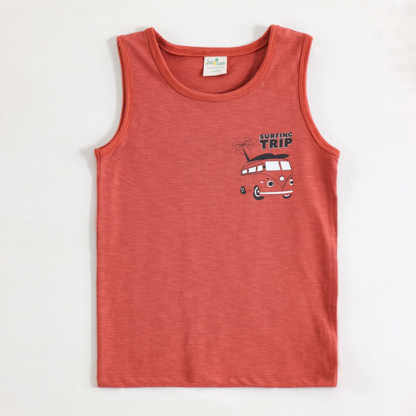 JusCubs Boys Coral Orange Sleeveless Tank Top with Surfing Trip Graphic Print