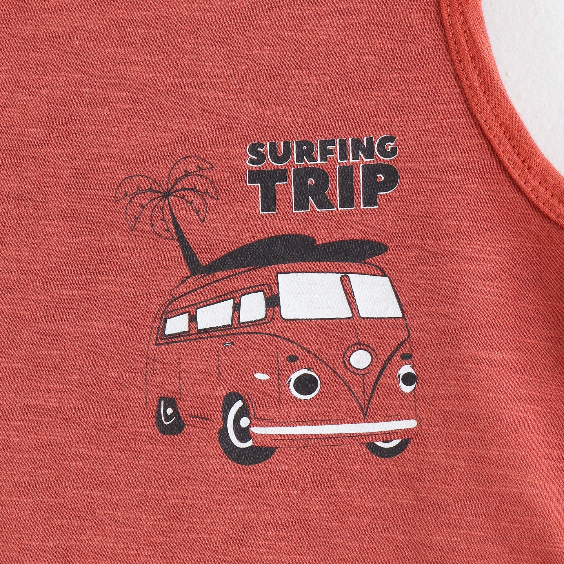 JusCubs Boys Coral Orange Sleeveless Tank Top with Surfing Trip Graphic Print