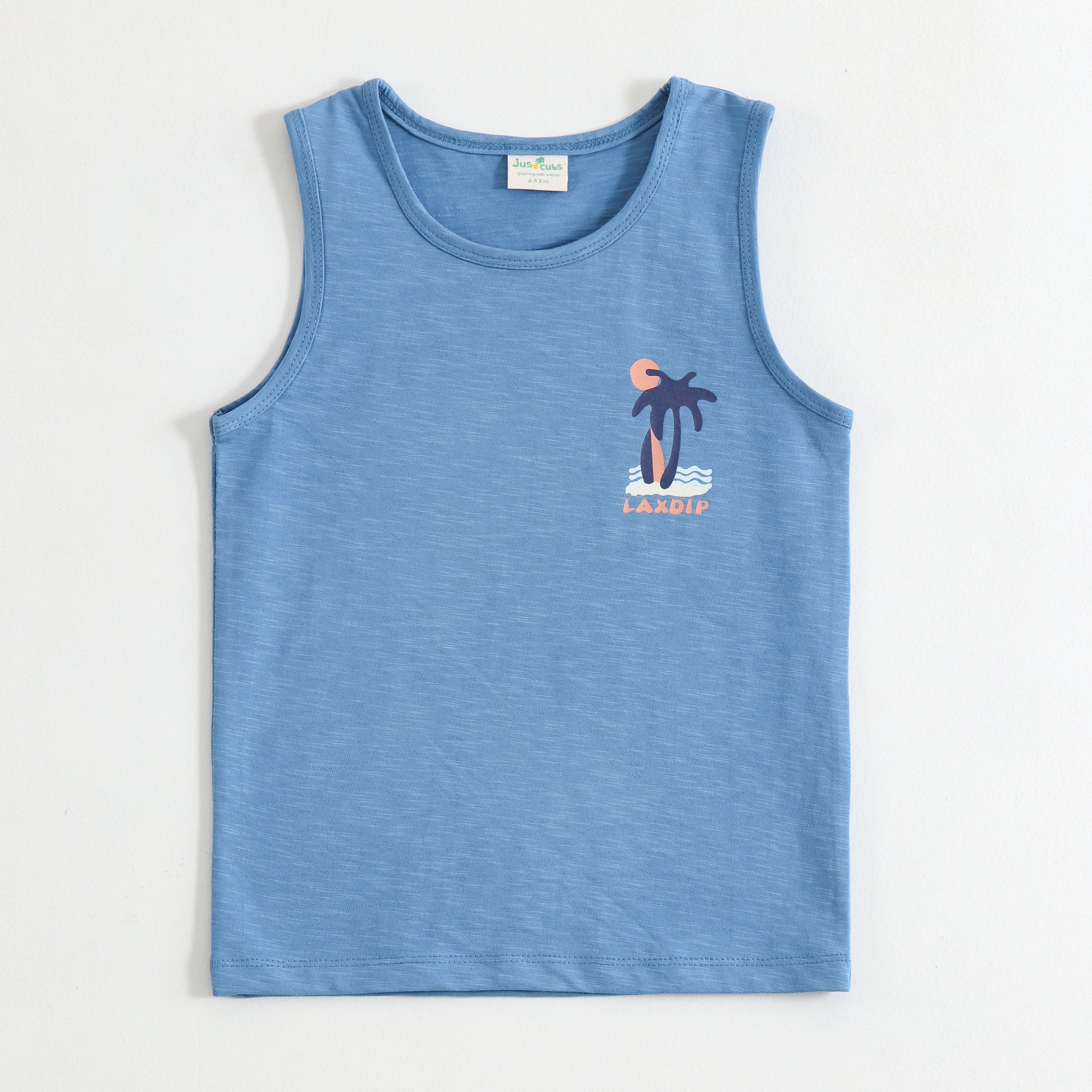 JusCubs Boys Sky Blue Sleeveless Tank Top with Palm Tree Graphic Print