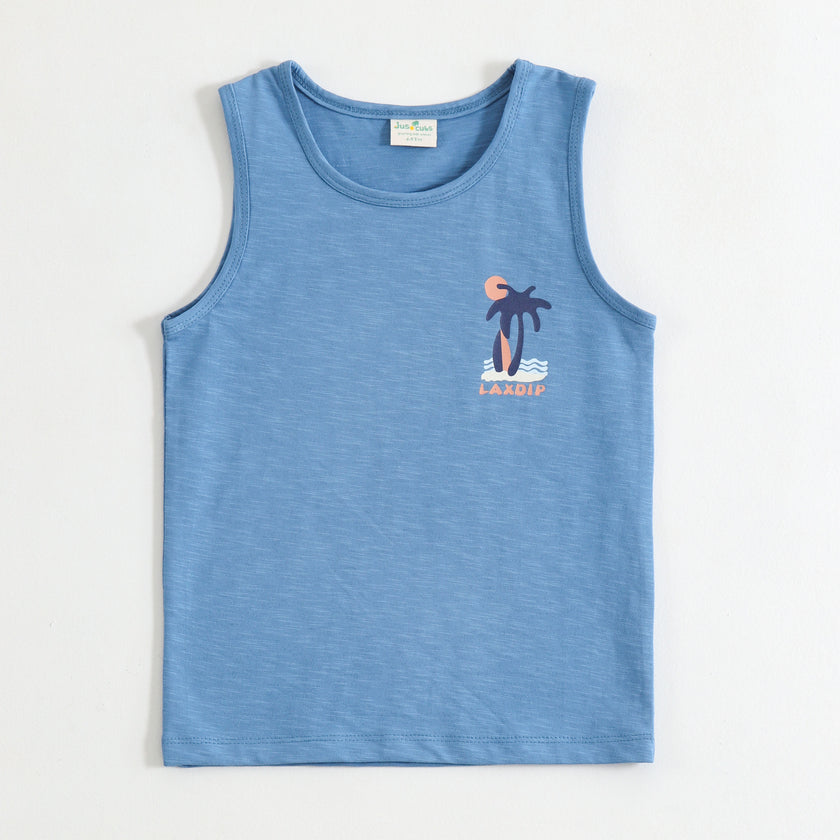 JusCubs Boys Sky Blue Sleeveless Tank Top with Palm Tree Graphic Print