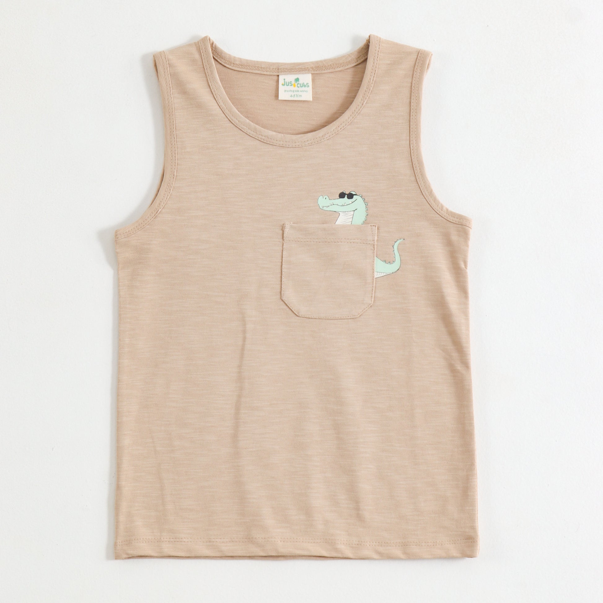 JusCubs Boys Beige Sleeveless Tank Top with Crocodile Pocket Print
