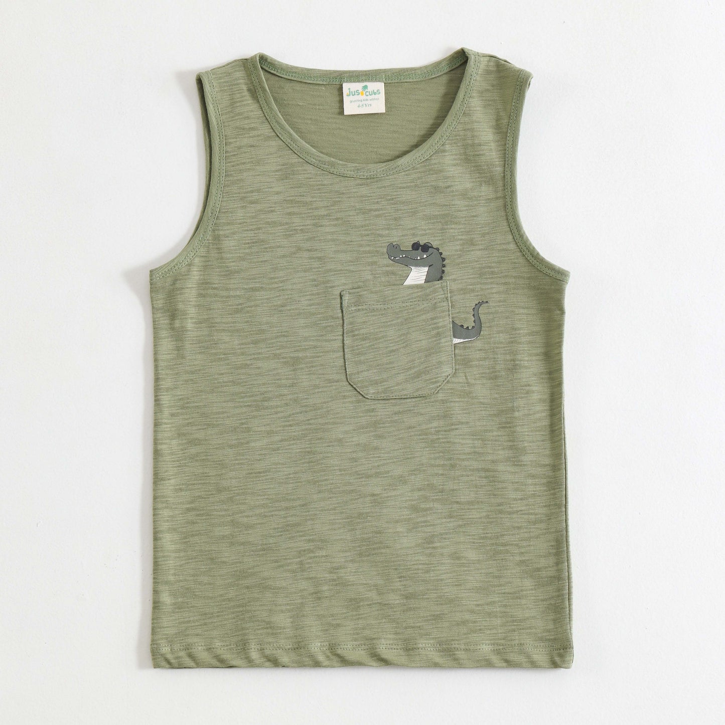 JusCubs Boys Sage Green Sleeveless Tank Top with Crocodile Pocket Print