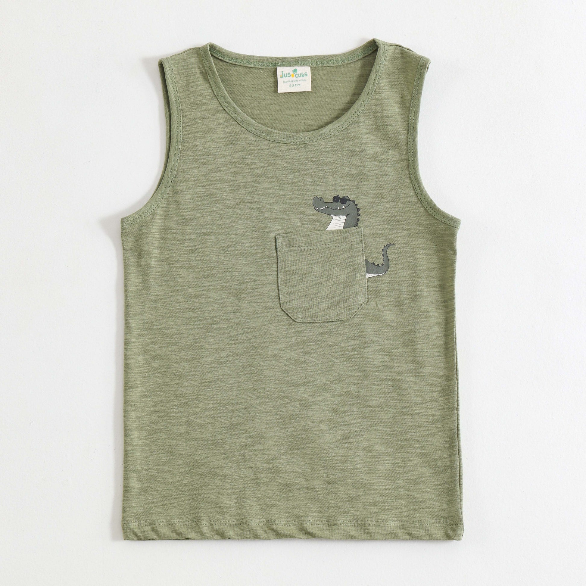 JusCubs Boys Sage Green Sleeveless Tank Top with Crocodile Pocket Print