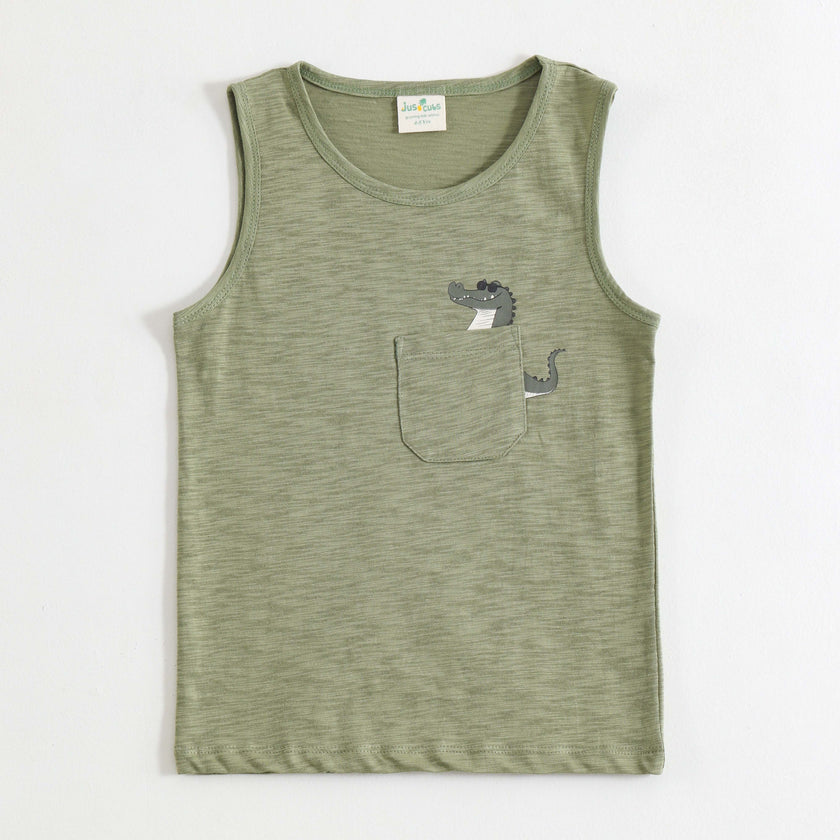 JusCubs Boys Sage Green Sleeveless Tank Top with Crocodile Pocket Print