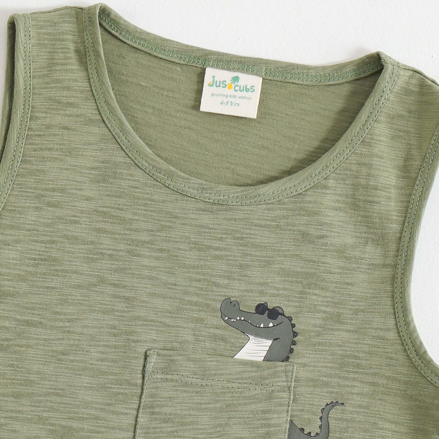 JusCubs Boys Sage Green Sleeveless Tank Top with Crocodile Pocket Print