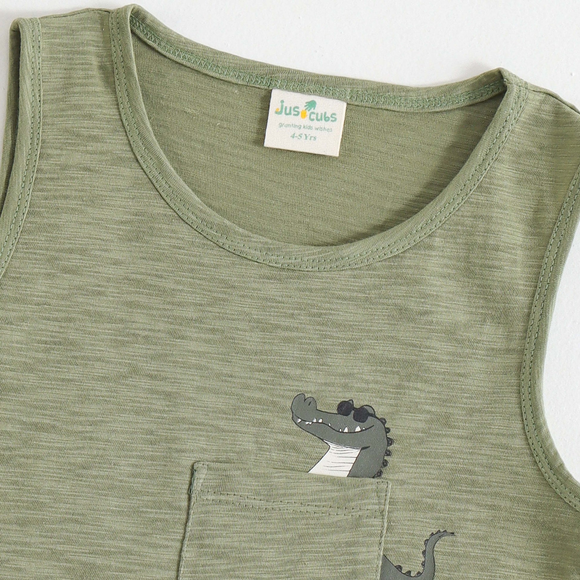 JusCubs Boys Sage Green Sleeveless Tank Top with Crocodile Pocket Print