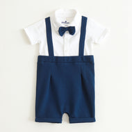 JusCubs Baby Boys White Shirt with Navy Blue Suspender Shorts & Bow Tie Party Wear Romper
