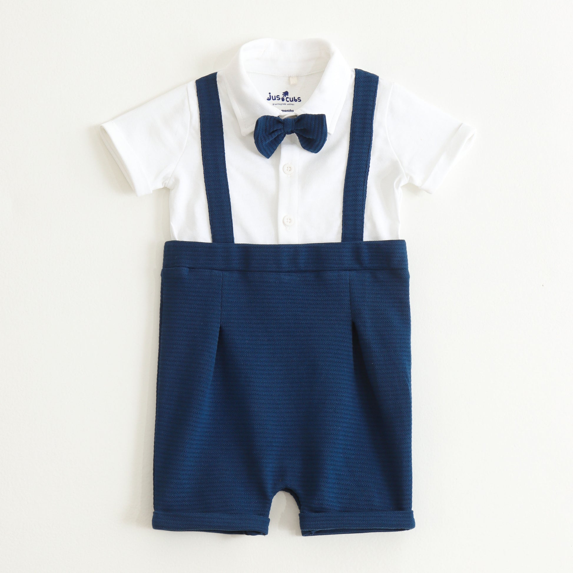 JusCubs Baby Boys White Shirt with Navy Blue Suspender Shorts & Bow Tie Party Wear Romper