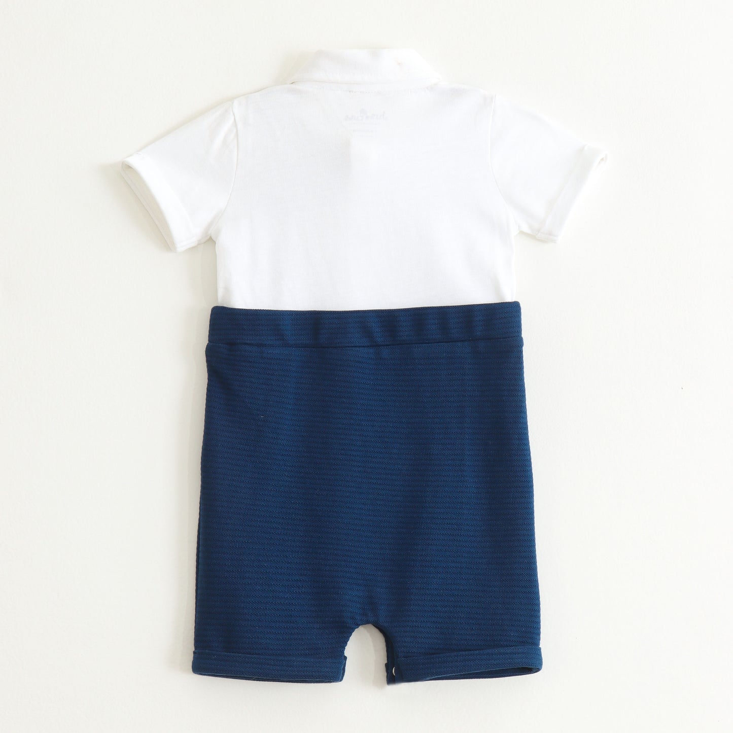 JusCubs Baby Boys White Shirt with Navy Blue Suspender Shorts & Bow Tie Party Wear Romper