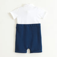 JusCubs Baby Boys White Shirt with Navy Blue Suspender Shorts & Bow Tie Party Wear Romper