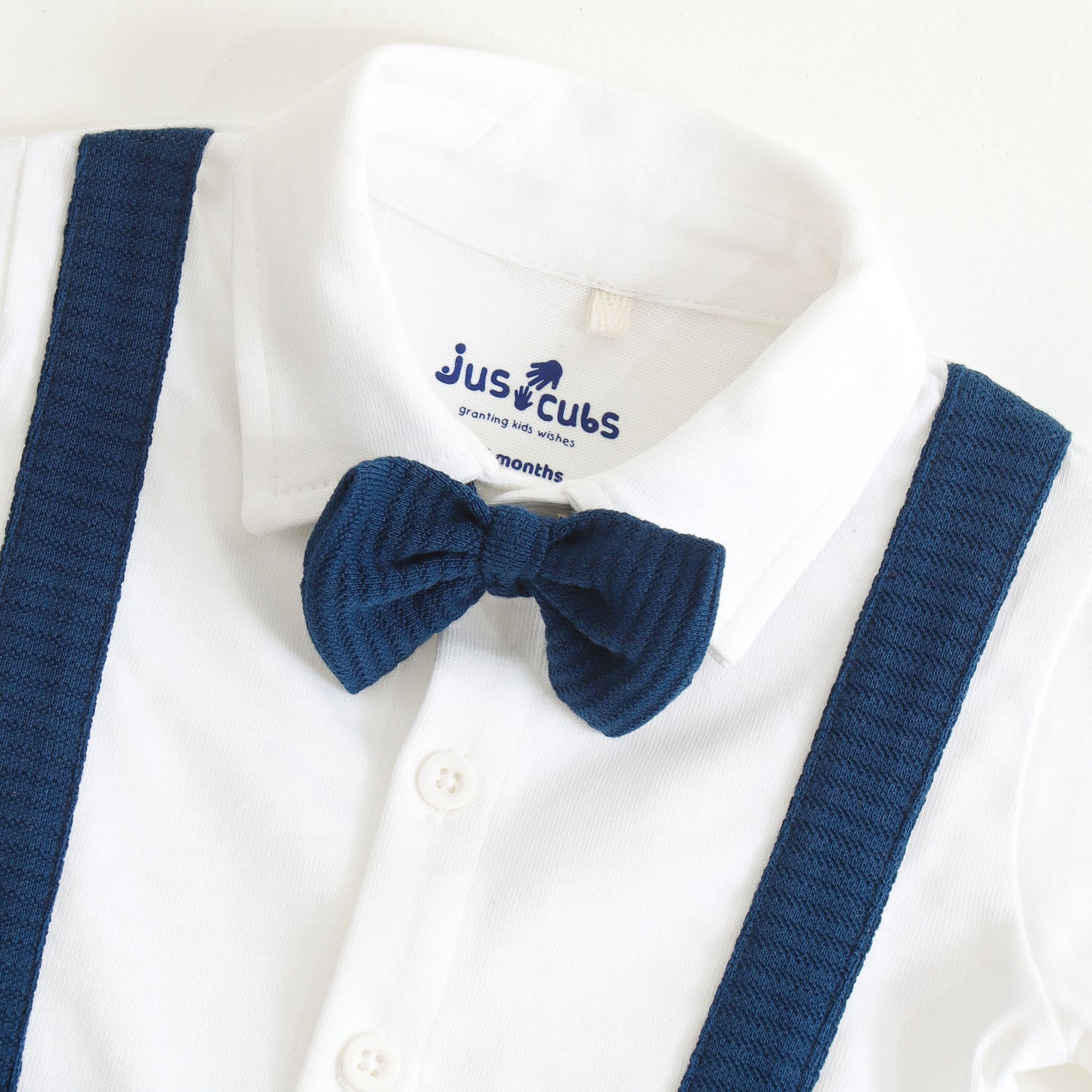 JusCubs Baby Boys White Shirt with Navy Blue Suspender Shorts & Bow Tie Party Wear Romper