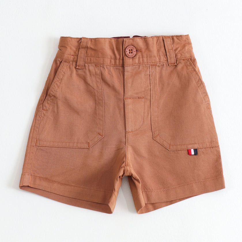 JusCubs Boys Rust Brown Cotton Utility Shorts with Patch Pockets