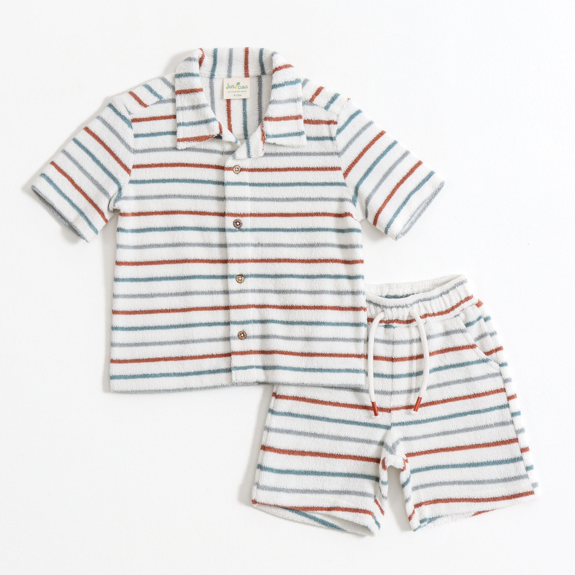 Baby Boys Striped Terry Cotton Half Sleeve Shirt & Shorts Co-Ord Set