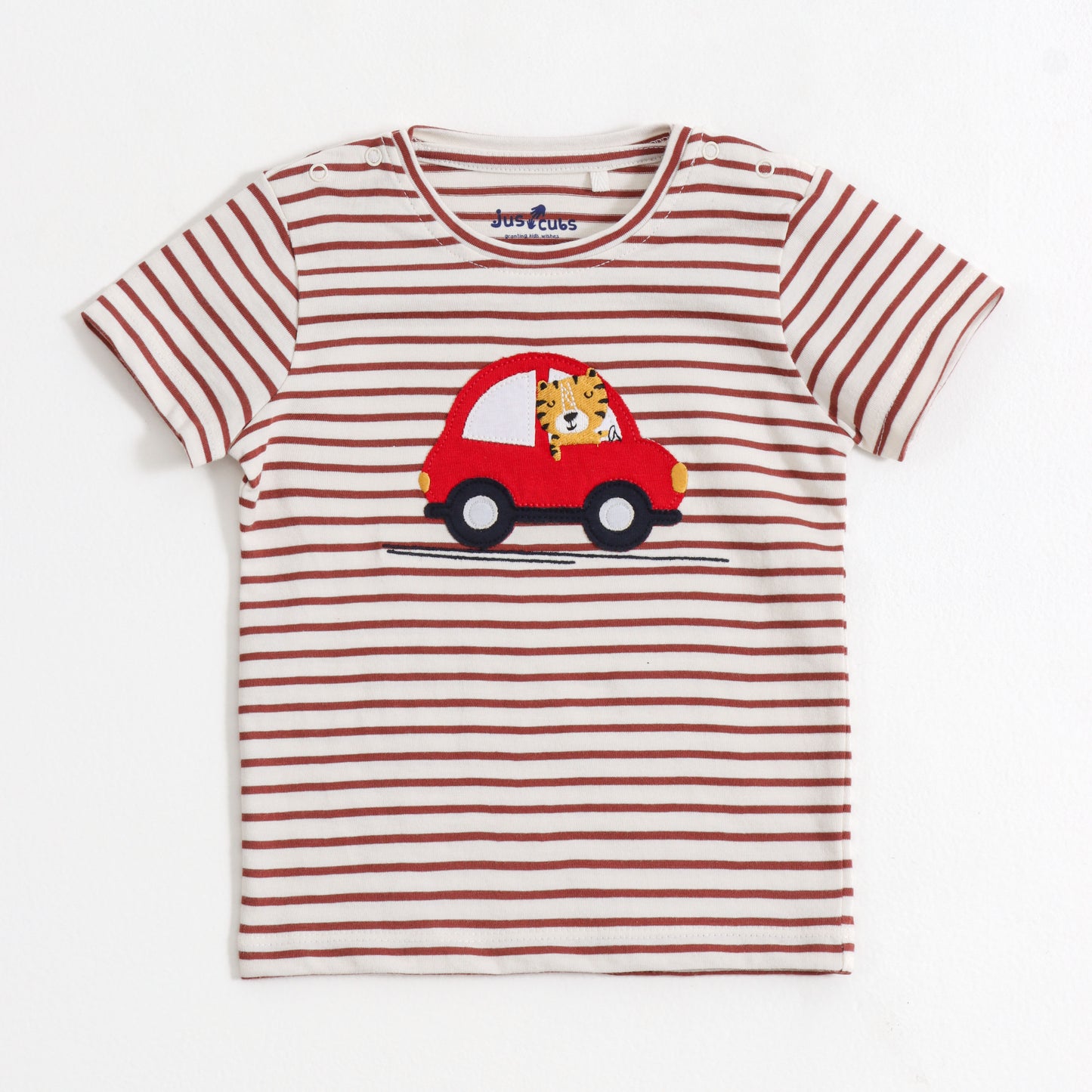 Baby Boys Striped Car Appliqué Half Sleeve T-Shirt & Solid Shorts Co-Ord Set