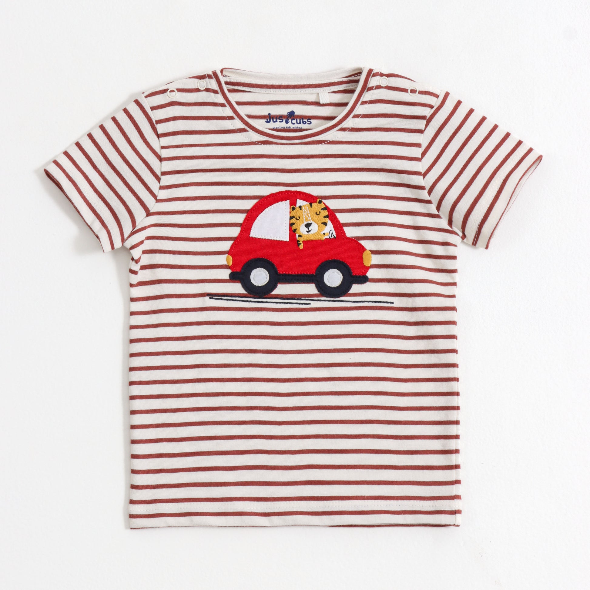 Baby Boys Striped Car Appliqué Half Sleeve T-Shirt & Solid Shorts Co-Ord Set
