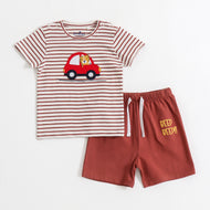 Baby Boys Striped Car Appliqué Half Sleeve T-Shirt & Solid Shorts Co-Ord Set