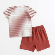 Baby Boys Striped Car Appliqué Half Sleeve T-Shirt & Solid Shorts Co-Ord Set