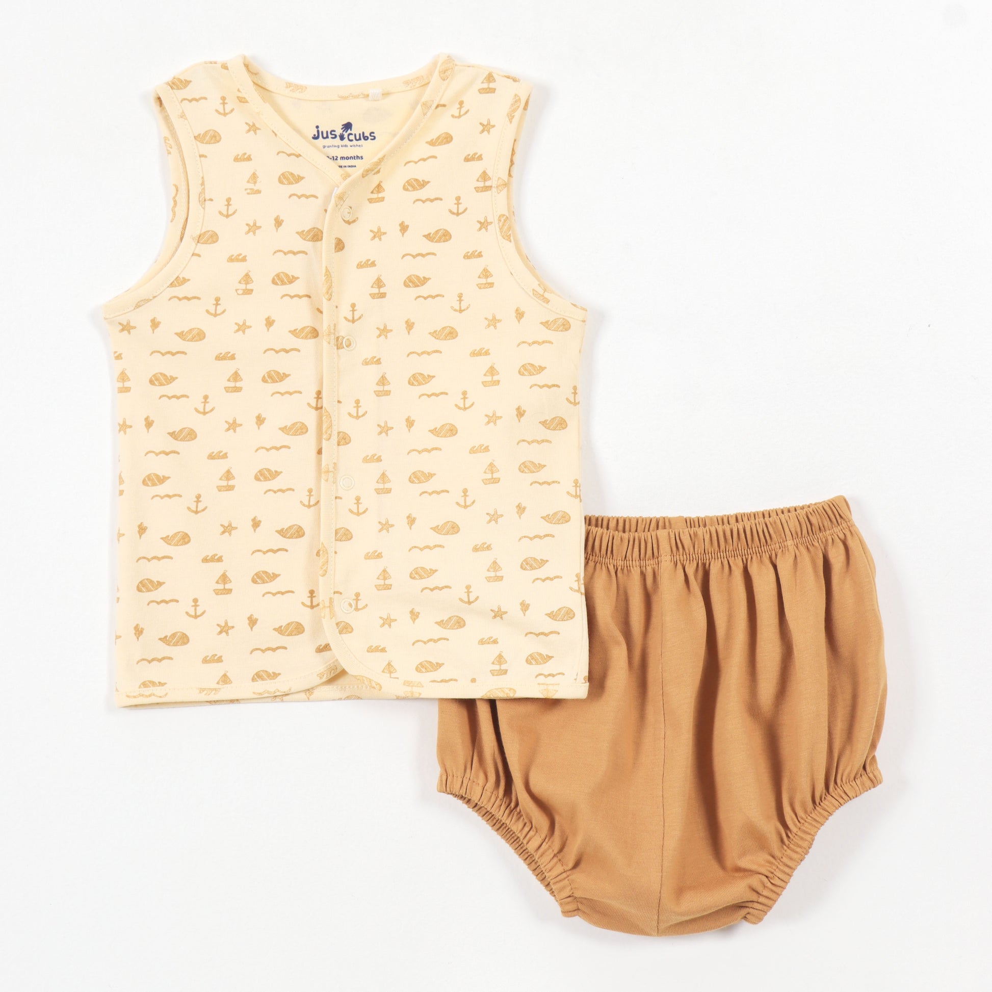 Baby Boys Beige Ocean Print Sleeveless Cotton Vest & Bloomer Set
