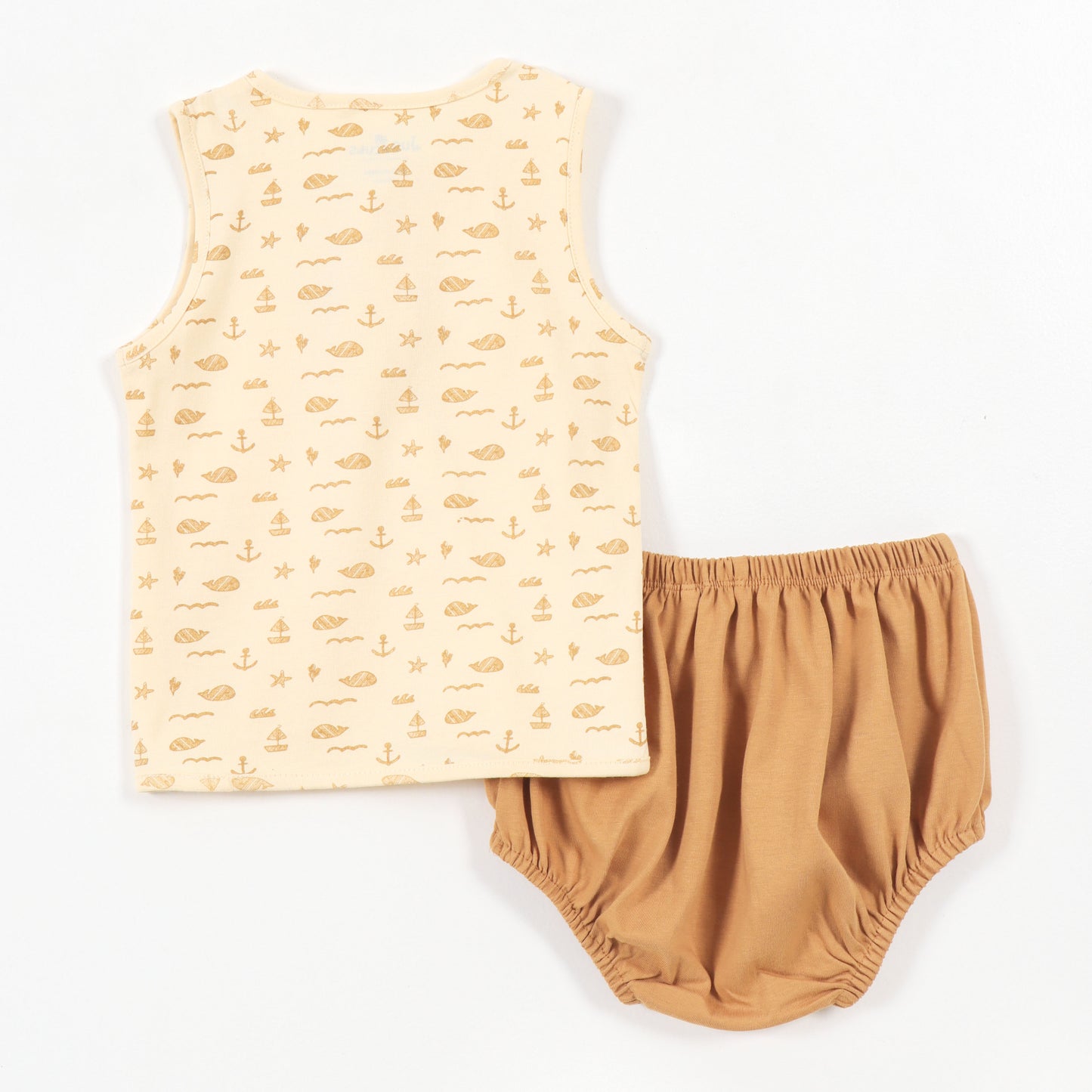 Baby Boys Beige Ocean Print Sleeveless Cotton Vest & Bloomer Set