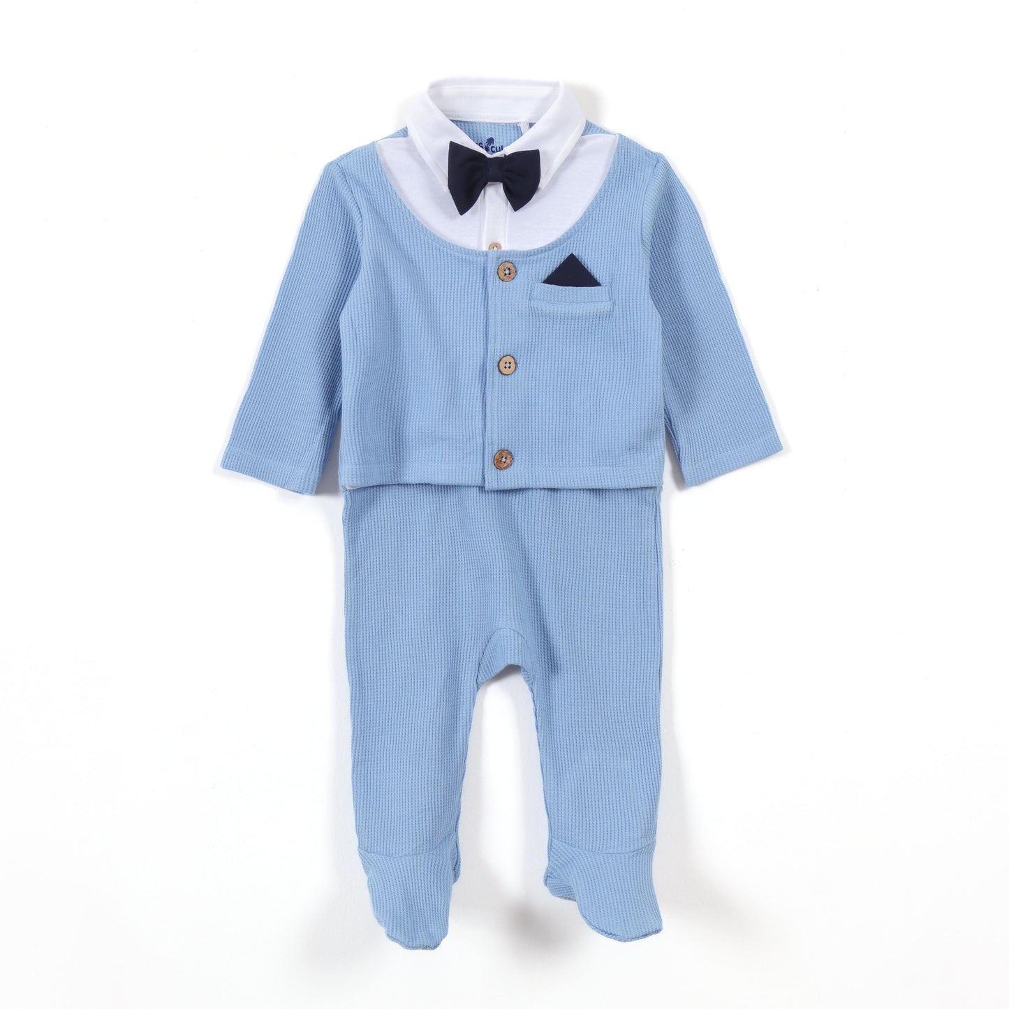 Baby Boys Blue Formal Style Full Sleeve Sleepsuit with Bow Tie