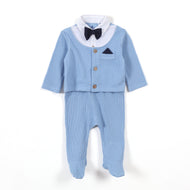 Baby Boys Blue Formal Style Full Sleeve Sleepsuit with Bow Tie