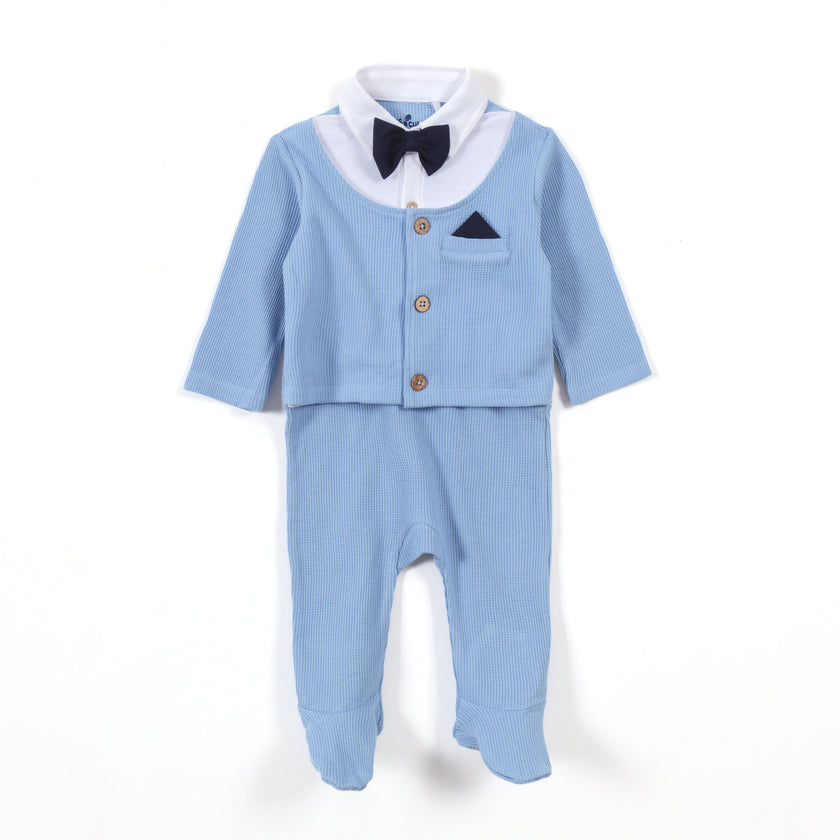 Baby Boys Blue Formal Style Full Sleeve Sleepsuit with Bow Tie