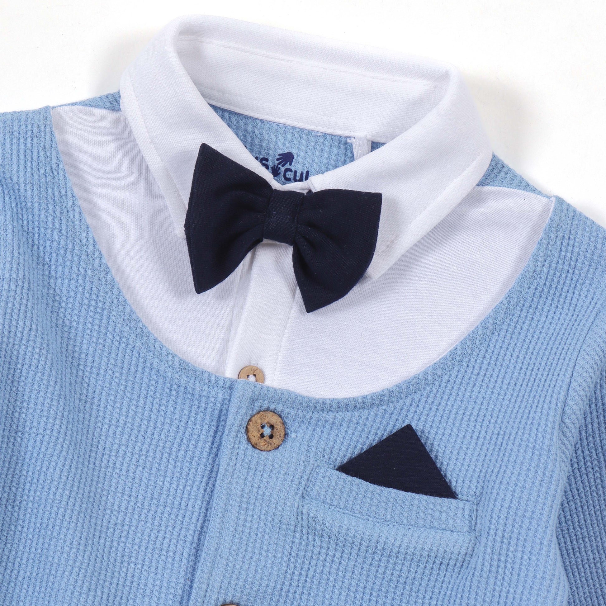 Baby Boys Blue Formal Style Full Sleeve Sleepsuit with Bow Tie
