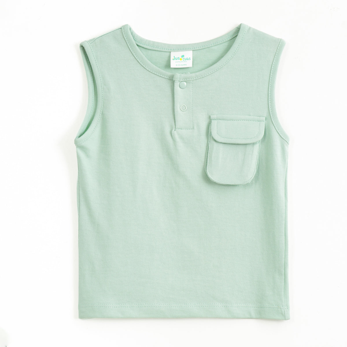 JusCubs Baby Boys Mint Green Sleeveless Henley T-Shirt with Flap Pocket