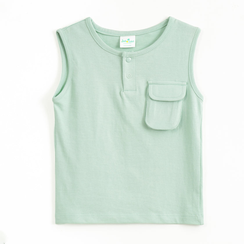 JusCubs Baby Boys Mint Green Sleeveless Henley T-Shirt with Flap Pocket