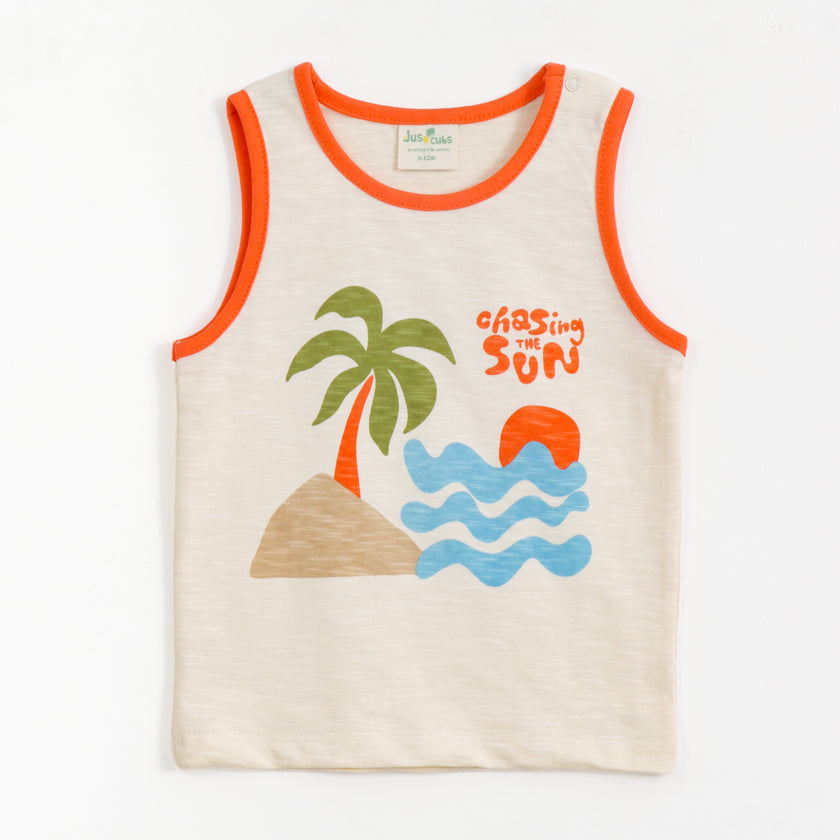JusCubs Baby Boys Cream Sleeveless Graphic Tank Top – Chasing the Sun Print