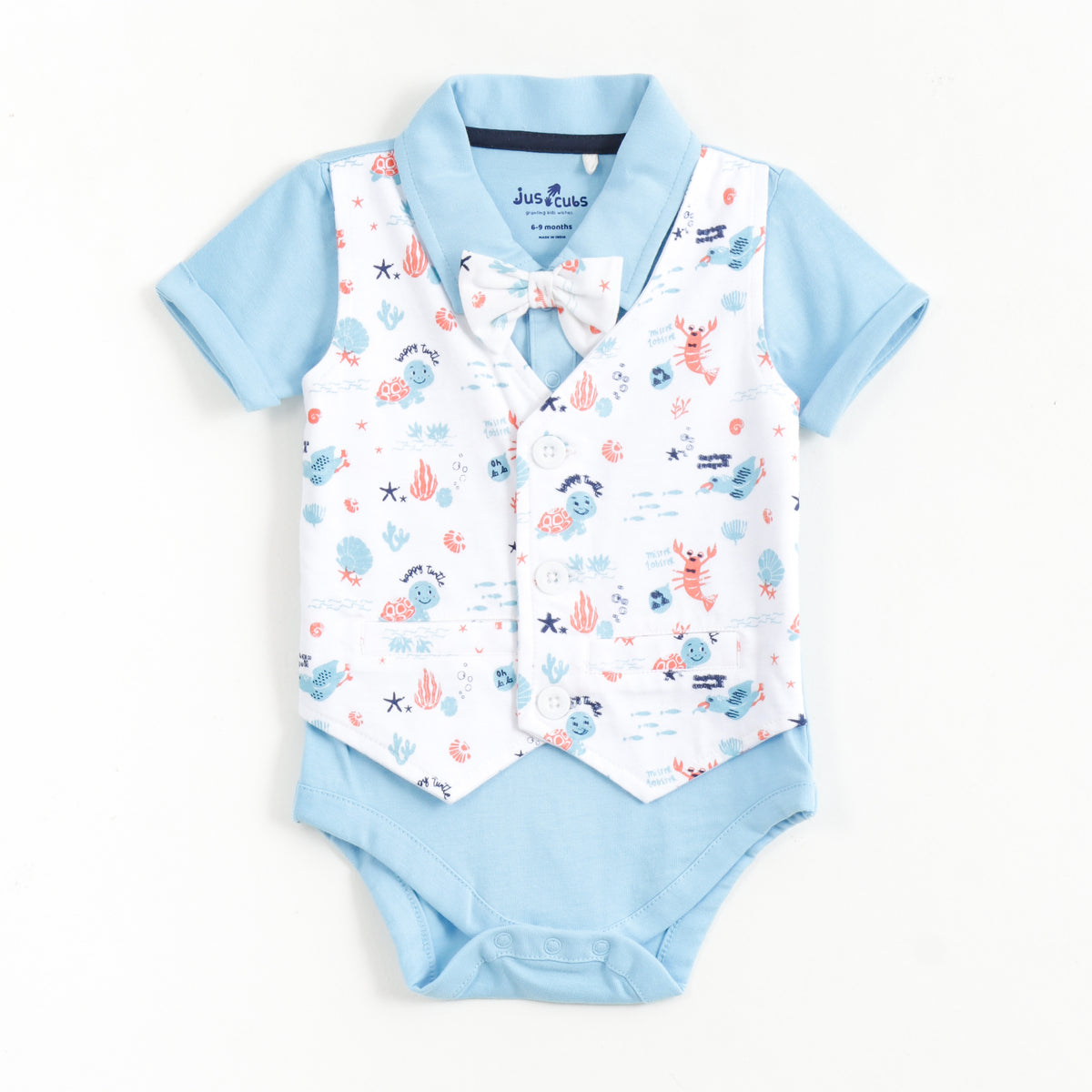 JusCubs Baby Boys Blue Bodysuit with Printed Waistcoat & Bow Tie