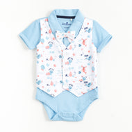 JusCubs Baby Boys Blue Bodysuit with Printed Waistcoat & Bow Tie