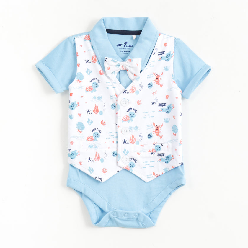 JusCubs Baby Boys Blue Bodysuit with Printed Waistcoat & Bow Tie