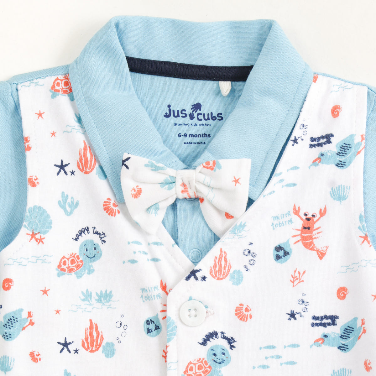 JusCubs Baby Boys Blue Bodysuit with Printed Waistcoat & Bow Tie