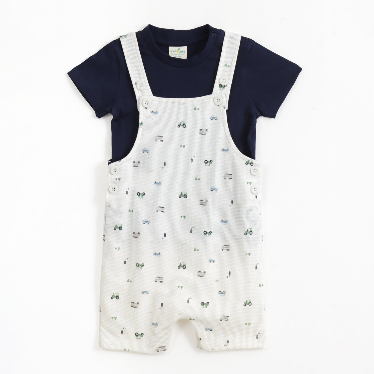 JusCubs Baby Boys Navy Blue T-Shirt with White Printed Dungaree Romper Set