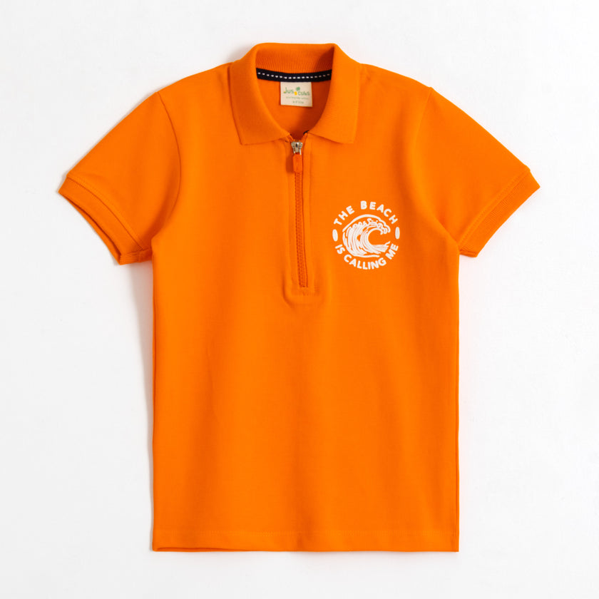 JusCubs Boys’ Orange Beach Print Half-Zip Polo T-Shirt