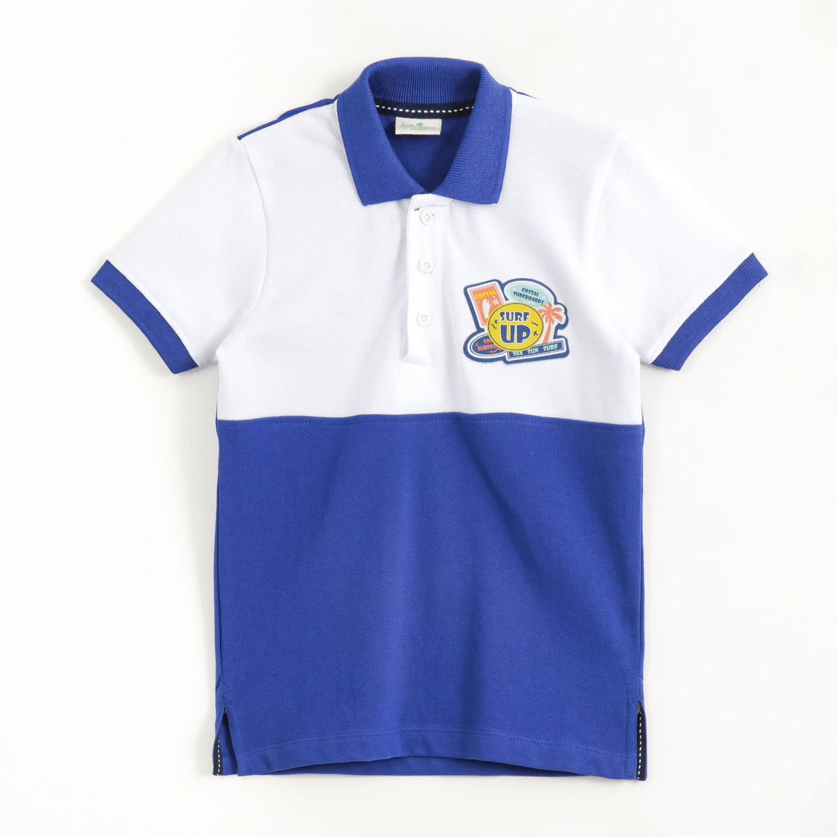 JusCubs Boys Blue & White Colourblock Polo T-Shirt with Surf Patch